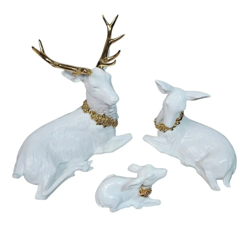 Tree Piece Porcelain Deer Family White Hand Paint With Gold Accents By Galleria